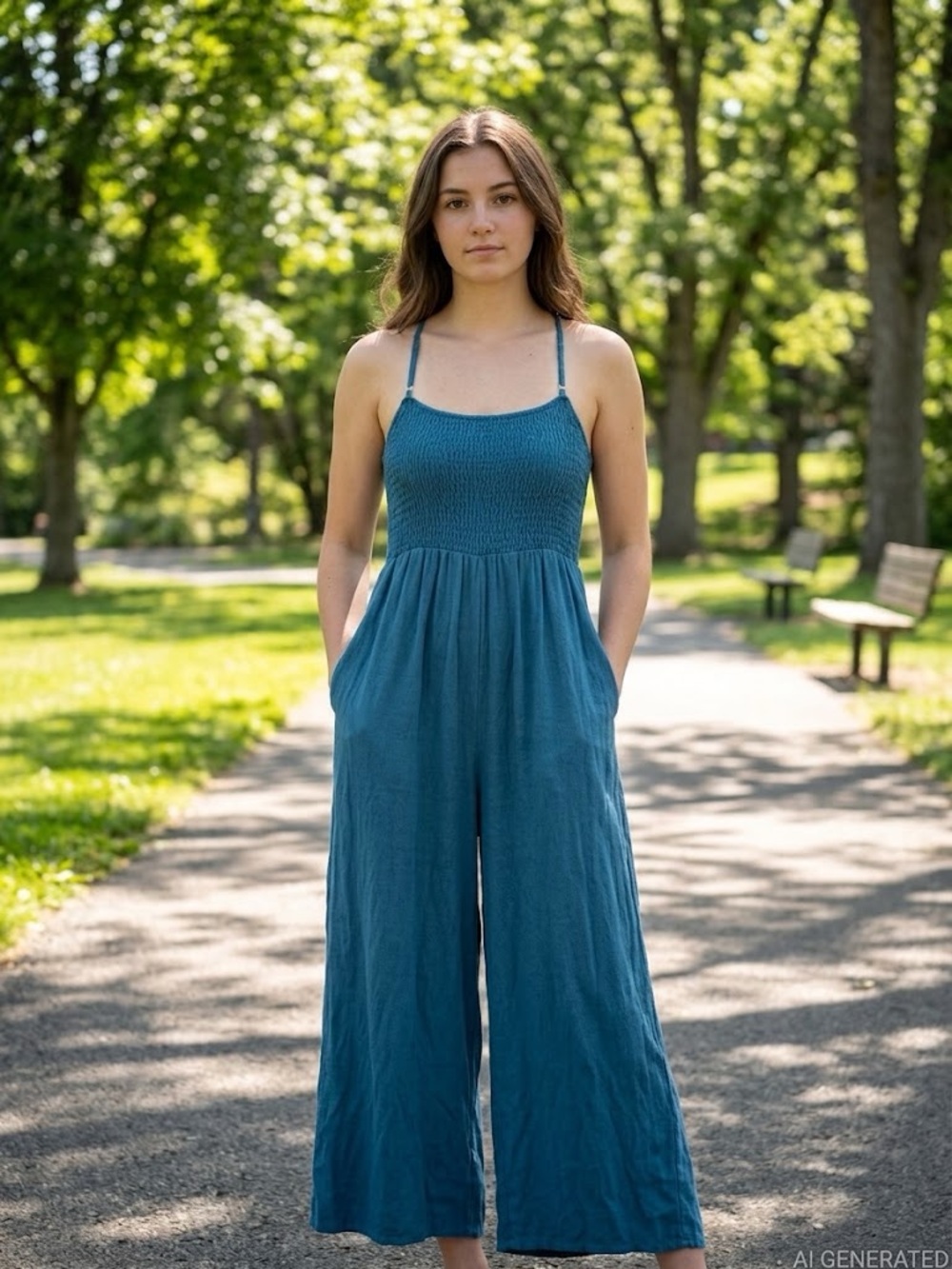 Smocked Wide-Leg Jumpsuit in Teal